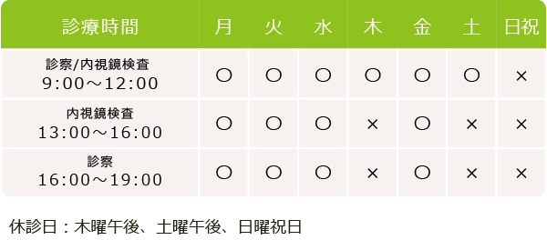 診察9:00～12:00　内視鏡検査13:00～16:00　診察16:00～19:00