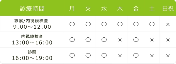 診察9:00～12:00　内視鏡検査13:00～16:00　診察16:00～19:00